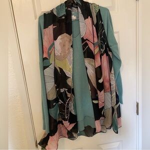 Creation Floral Scarf Vest Pink Green Cream